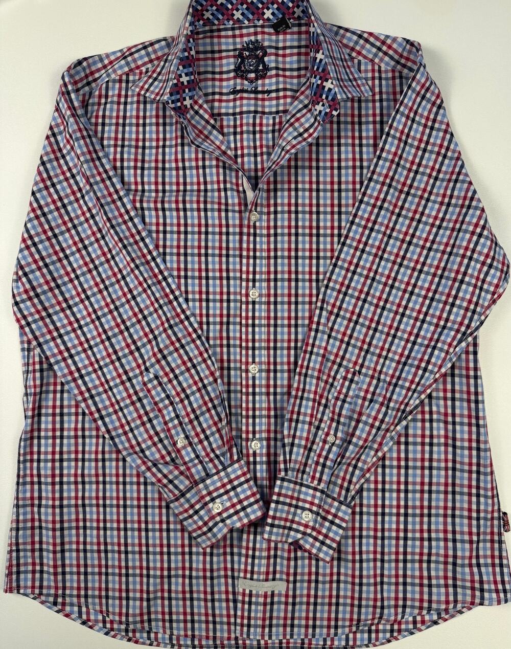 English Laundry Men’s XL Plaid Check Long Sleeve Button-Up Shirt Red Blue White